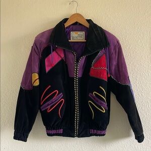 Mesa Ridge Retro Vintage Abstract Jacket Genuine Leather Suede Purple Black XS
